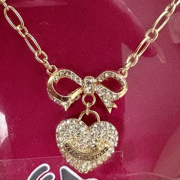 NIB JUICY COUTURE Gold Rhinestone Heart Bow Pearl Pendant Necklace 18”+2” GIFT - Picture 14 of 15